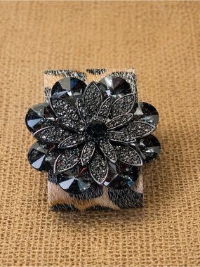 Leopard print Black Crystal Flower cow hide hair Cuff Bracelet